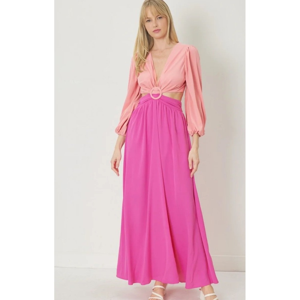 Entro Maxi Dress Womens M Pink Peach  Ring Detail Cutout Open Back